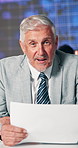 Face, broadcast and man with paperwork, newsroom and financial update for stock exchange or talking. Media, journalist and mature person with document for economy growth, live stream and presentation