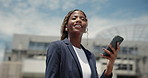 Happy, black woman and business with phone in city for network, career or job opportunity. Female person, realtor or smile with mobile smartphone or vision for property or settlement in an urban town
