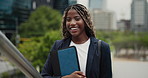 Face, black woman and lawyer with folder in city for career pride, about us and legal document. Portrait, female attorney and smile with ambition, evidence file and witness statement for court case