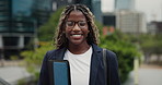 Face, confidence and black woman with folder in city, creative professional and architecture career. Smile, portrait and urban planner with municipal housing project, property development and pride