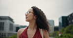 Thinking, business and woman with glasses outdoor for real estate, planning and urban development. Thoughts, female person and eyewear with vision, realtor reflection and search for property viewing