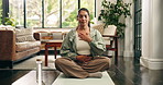 Woman, yoga and touch chest in home for breathing exercise, mindfulness and eyes closed on floor. Person, meditation and mat for holistic fitness, zen and self care in living room at apartment
