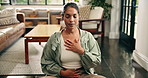 Woman, yoga and touch chest in house for breathing exercise, mindfulness and eyes closed on floor. Person, meditation and mat with holistic fitness, zen and self care in living room at apartment