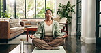 Breathe, meditation and woman in home with lotus pose for calm, mindfulness and wellness on floor. Mental health, house and person on yoga mat for holistic exercise, peace and spiritual awareness