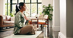 Breathe, morning and woman in home for calm, mindfulness and wellness on floor for zen energy. Mental health, house and person on yoga mat with breath work for balance, peace and spiritual awareness