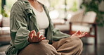 Hands, yoga and lotus on floor in home for mindfulness, breathing exercise and wellness in lounge. Person, meditation and mudra with holistic health, balance and post in living room at apartment
