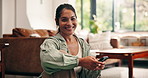 Happy woman, phone and face on floor in home for texting, chat or online dating in living room. Person, smartphone and smile with contact, mobile app and portrait for social media at house in Mexico