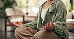 Hands, yoga and lotus on floor in house for mindfulness, breathing exercise and wellness in lounge. Person, meditation and mudra with holistic health, balance and post in living room at apartment