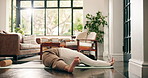 Stretching, yoga and woman in home for health, wellness and mobility exercise in morning. House, floor and person on mat with practice, hobby and fitness routine for posture, flexibility and balance