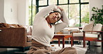 Stretching arms, yoga and woman in home for health, wellness and mobility exercise in morning. House, lounge and person with practice, hobby and fitness routine for posture, flexibility and balance