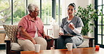 Old woman, nurse and pills with clipboard in home for prescription, explain and schedule for medicine. People, caregiver and senior patient on sofa with checklist, supplements or advice in retirement