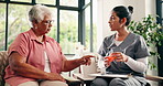 Old woman, nurse and pills with talk in home for prescription, explain and clipboard for medicine. People, caregiver and senior patient on sofa with checklist, supplements or advice in retirement