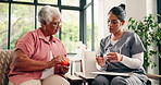Home, nurse and talking with old woman, pills or explaining supplements dosage, happy and healthcare. Caregiver, smile and chat with senior patient for medication management and treatment in house