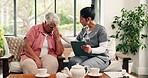 Old woman, nurse and bad news with tablet in home for healthcare report, explain or diagnosis on couch. People, caregiver and senior patient on sofa with app, consulting and support in retirement