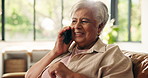 Old woman, smartphone and phone call conversation at house with communication and laughing. Senior female person, funny story or chat on cellphone for talking with happiness in retirement home