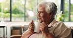 Old woman, coffee and scent for wellness in home, health and mindfulness with calm in retirement. Senior female person, warm drink and aroma with happiness, reflection or nostalgia for peace at house