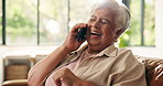 Old woman, laughing and conversation with phone call in home, communication and network with sign off. Senior person, relax and contact with smartphone for funny discussion or goodbye in retirement