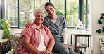 Face, caregiver and happy with old woman at house for support, assisted living and medical employee. Portrait, nurse and embrace with senior person, elderly care and smiling for healthcare services