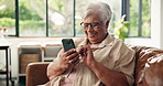 Old woman, smartphone and scroll online at house for communication, social media comedy or meme. Senior person, funny website or chat with mobile phone for contact with happiness in retirement home