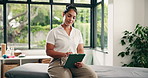 Tablet, woman and physiotherapist in clinic with research for medical patient history for appointment. Happy, physical therapy and healthcare worker with digital technology for telehealth update.