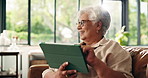 Old woman, tablet and scroll online in home with smile for communication, network and laugh with thinking. Senior person, funny chat or happy reflection with digital tech and internet in retirement