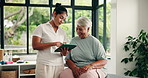 Tablet, consultation and physiotherapist with senior woman for research on rehabilitation plan. Digital technology, checkup and healthcare worker with elderly female patient for treatment in clinic.