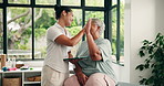 Old woman, physiotherapist and high five with tablet, goals or injury recovery at wellness clinic. Happy people, talk and motivation for rehabilitation, tech and app for elderly patient in retirement