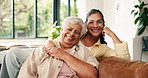 Senior mom, woman and face on sofa with smile for bonding, love or care in lounge at family house. People, mother and adult daughter with laugh, holding hands or relax on couch for portrait in Mexico