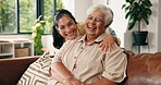 Senior mom, happy and face of woman in home for bonding, relationship and laughing on sofa. Family, women and portrait of elderly mother and daughter in living room for embrace, love and connection