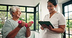 Physiotherapist, dumbbells or old women with tablet in clinic, medical recovery evaluation or arm exercise. Speaking, tech or people with strength assessment for healing progress, weights or smile