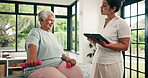 Old woman, physiotherapist and dumbbells with tablet, happy or injury recovery at wellness clinic. People, talk and weightlifting for rehabilitation, tech and app for elderly patient in retirement
