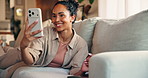 Happy woman, relax and sofa with selfie in home for photography, memory or social media post. Female person, user or lying with smile on couch for capture moment, picture or network app in house
