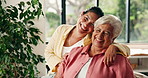 Face, senior mother and woman with smile in lounge, retirement support and weekend visit for bonding. Portrait, happiness and elderly person with adult daughter in home, care and love for connection