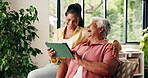 Senior mother, adult daughter or tablet in home with laugh, funny social media video or bonding together. Elderly mom, woman and smile in house with tech, online entertainment and meme on weekend.