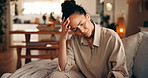 House, headache and woman on couch, pain and frustrated with health risk, brain fog and anxiety. Apartment, financial crisis or person on sofa, migraine or tired with stress or burnout in living room
