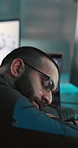 Sleeping, security guard and man in office, tired and exhausted with fatigue. Worker, person and employee in control room, rest or burnout with break, surveillance and night shift for property safety
