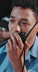 Radio, security guard or man in office, surveillance agency or cctv monitor for protection, feedback or report. Person, talking or employee in control room, two way intercom system or inspection