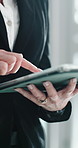 Tablet, scroll and hands of businesswoman in office with research for finance report with budget. Technology, review and female financial manager with email for investment proposal in workplace.