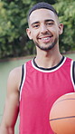 Pride, face or man on basketball court with ball, fitness hobby or practice on weekend break. Confidence, portrait or player in park with roundball, hoop sport and training session with athletic game