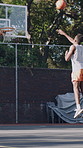 People, training and shooting basketball on court with score, target success and prepare for contest. Men, play sport and game outdoor with hoop, three pointer and practice technique for competition.