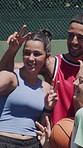 Basketball, friends and selfie with people for sports, smile and funny team with tongue out at court. Players, fitness and picture of group with peace sign, laugh and hang loose for social media post
