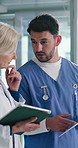 Conversation, nurse or doctor with tablet in hospital, explain patient status or test results for healthcare. Teamwork, talking or people with medical record for treatment planning, clipboard or tech