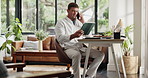 Phone call, tablet and man in home office with freelancer, financial advice and chat in living room. Remote work, account manager and person with tech for conversation, smile and review discussion