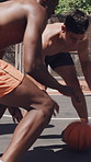 Basketball, challenge and competition with men outdoor for fitness, game or training activity. Exercise, hobby and sports with shirtless people playing on court for skill, technique or tournament