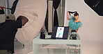 Guidance, photoshoot and model in studio with laptop, advice and insight in creative process. Collaboration, people and photographer on set with tech, feedback or assistance in filming coordination.