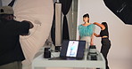 Stylist, woman and model with photographer for fashion photoshoot, production process or picture. Photography, bts and capture image with people, styling or outfit preparation in creative studio