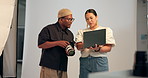 People, photographer and camera with laptop for photoshoot, review pictures and filming catalog. Team, talk and equipment with photography selection, feedback and editing advice for fashion magazine
