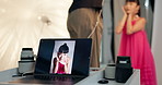 Laptop screen, photographer and model with photoshoot in studio for fashion or behind the scenes. People, production or computer display with backstage photography for digital media or magazine