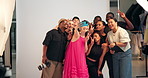 People, production team and studio with selfie for photography, picture or photoshoot together. Happy group, producers or photographer with smile for capture moment, social media or post on set