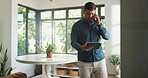Phone call, tablet and man in living room with conversation, financial advice and chat in home. Remote work, account manager and freelancer person with tech for communication, smile and discussion